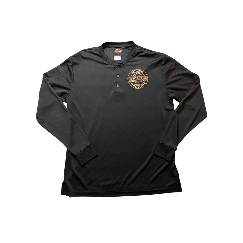 Harley-Davidson Mens Black Long Sleeve Henley Embroidered Logo Shirt Large Biker